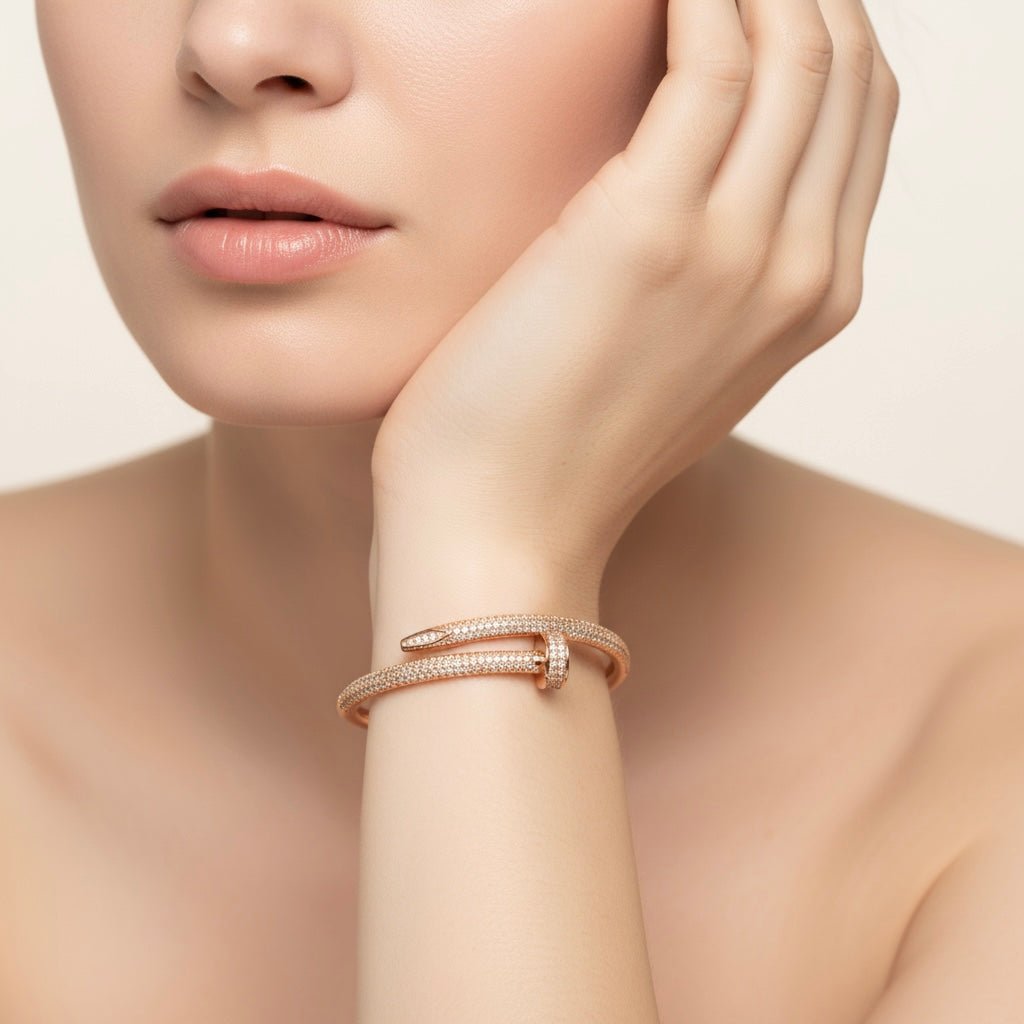 Circle End & Studded Rhinestones Rose Gold Plated Sterling Silver Bangle Bracelet