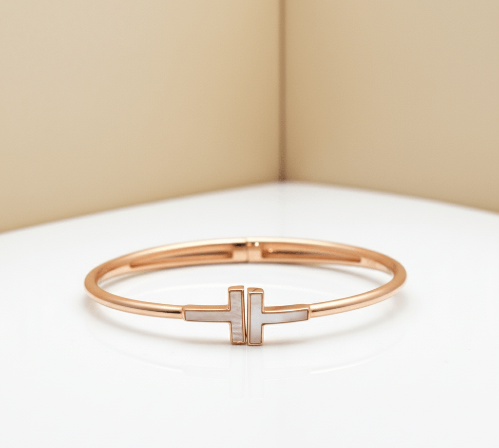 T End Design & Studded Rhinestones | Rose Gold Plated Sterling Silver Bangle Bracelet