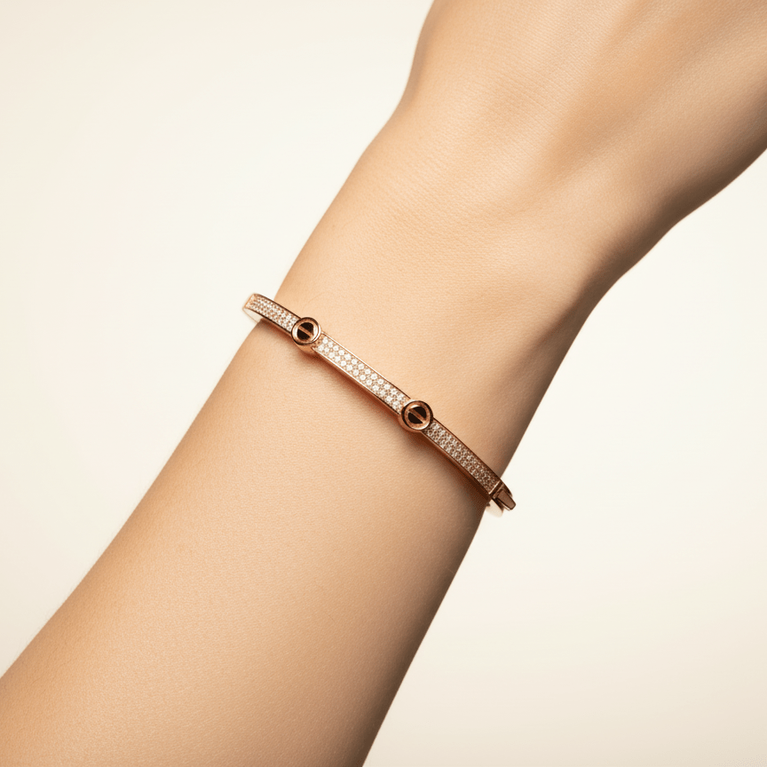 Studded Rhinestones Rose Gold Plated Sterling Silver Bangle Bracelet