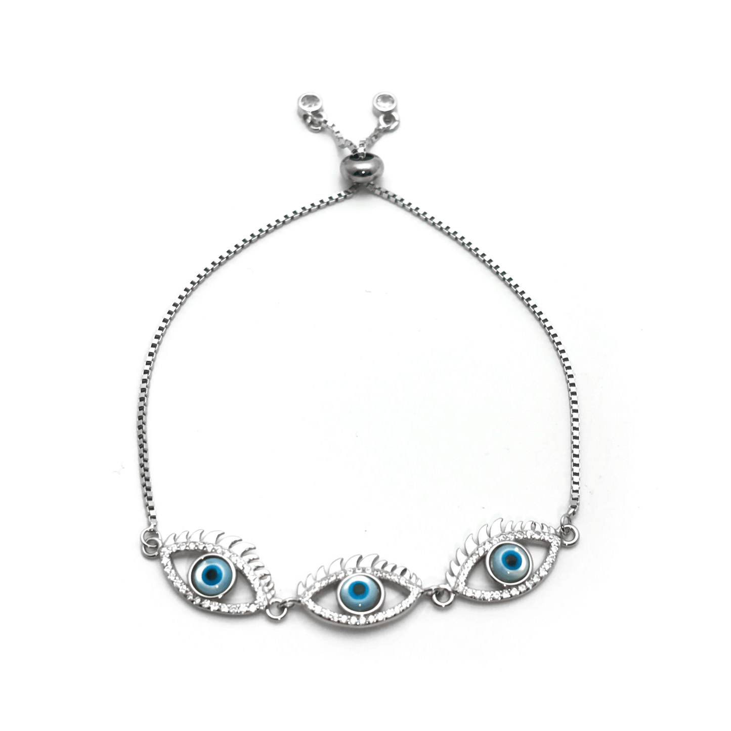 3 Blue Eye Charm & Studded Rhinestones Sterling Silver Chain Bracelet