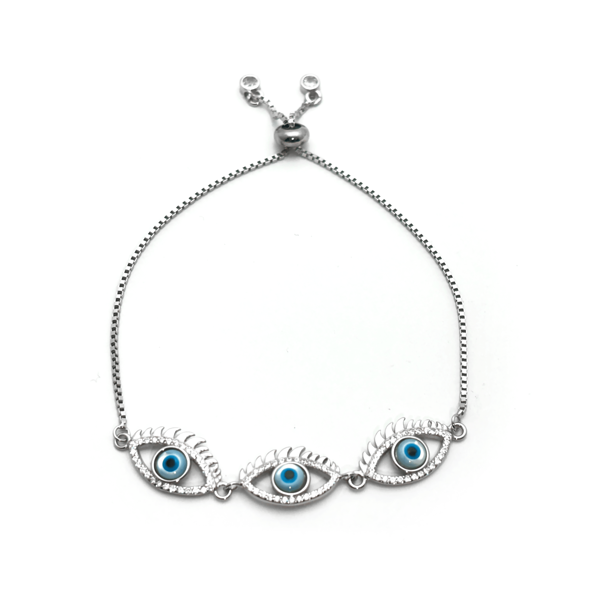 3 Blue Eye Charm & Studded Rhinestones Sterling Silver Chain Bracelet