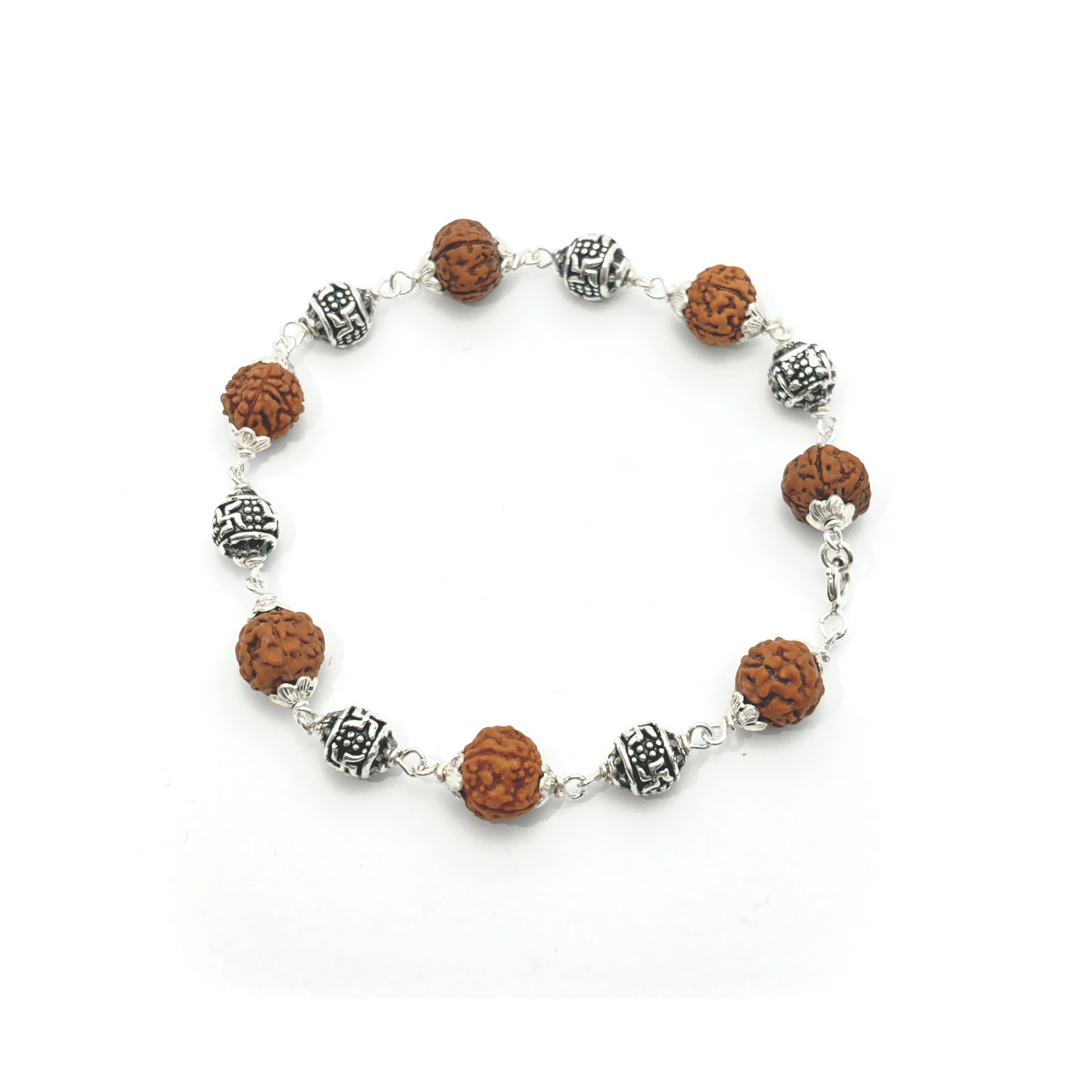 Swastik Ball & Rudraksha Charm Sterling Silver Chain Bracelet