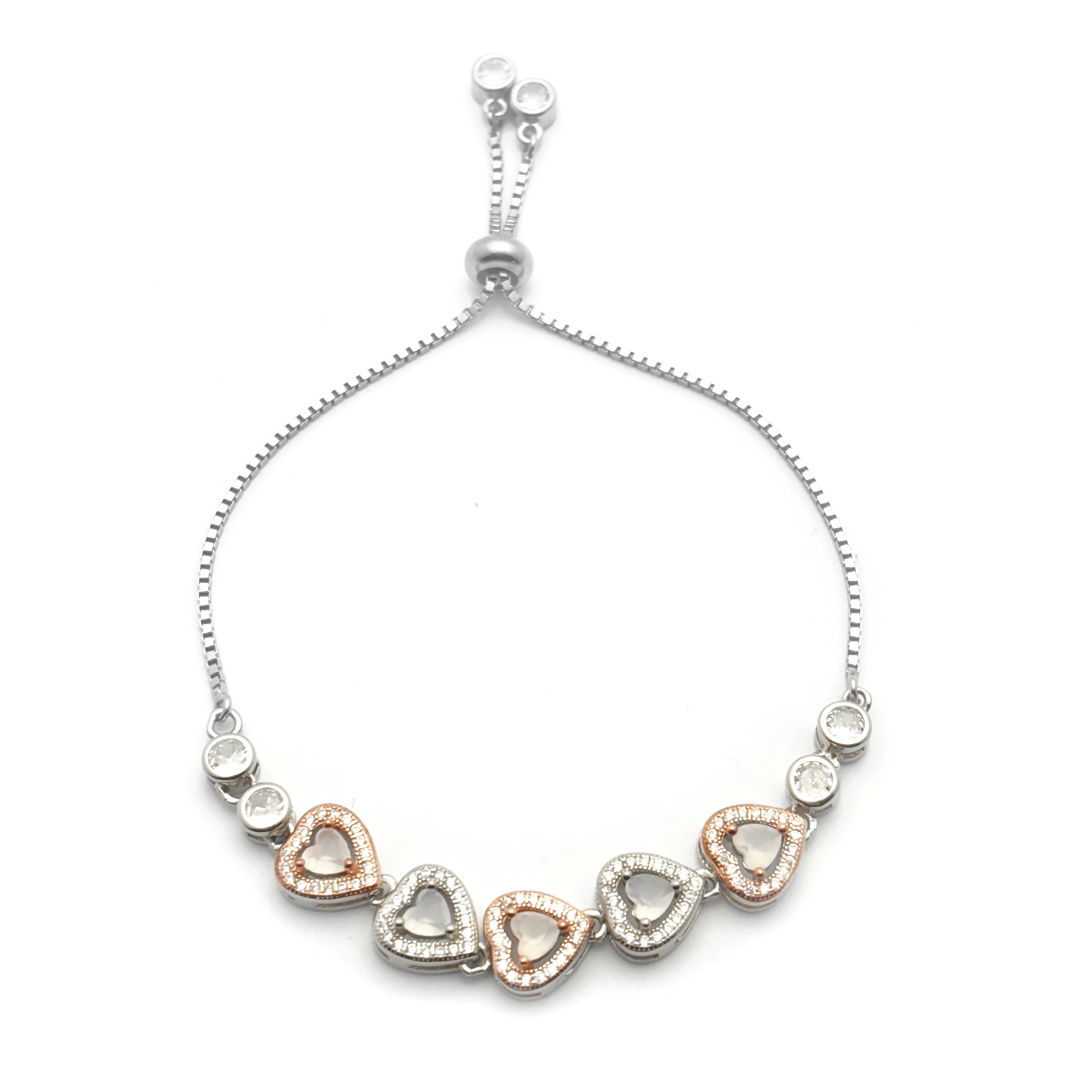 Heart Shape Charms & Studded Rhinestones Sterling Silver Chain Bracelet