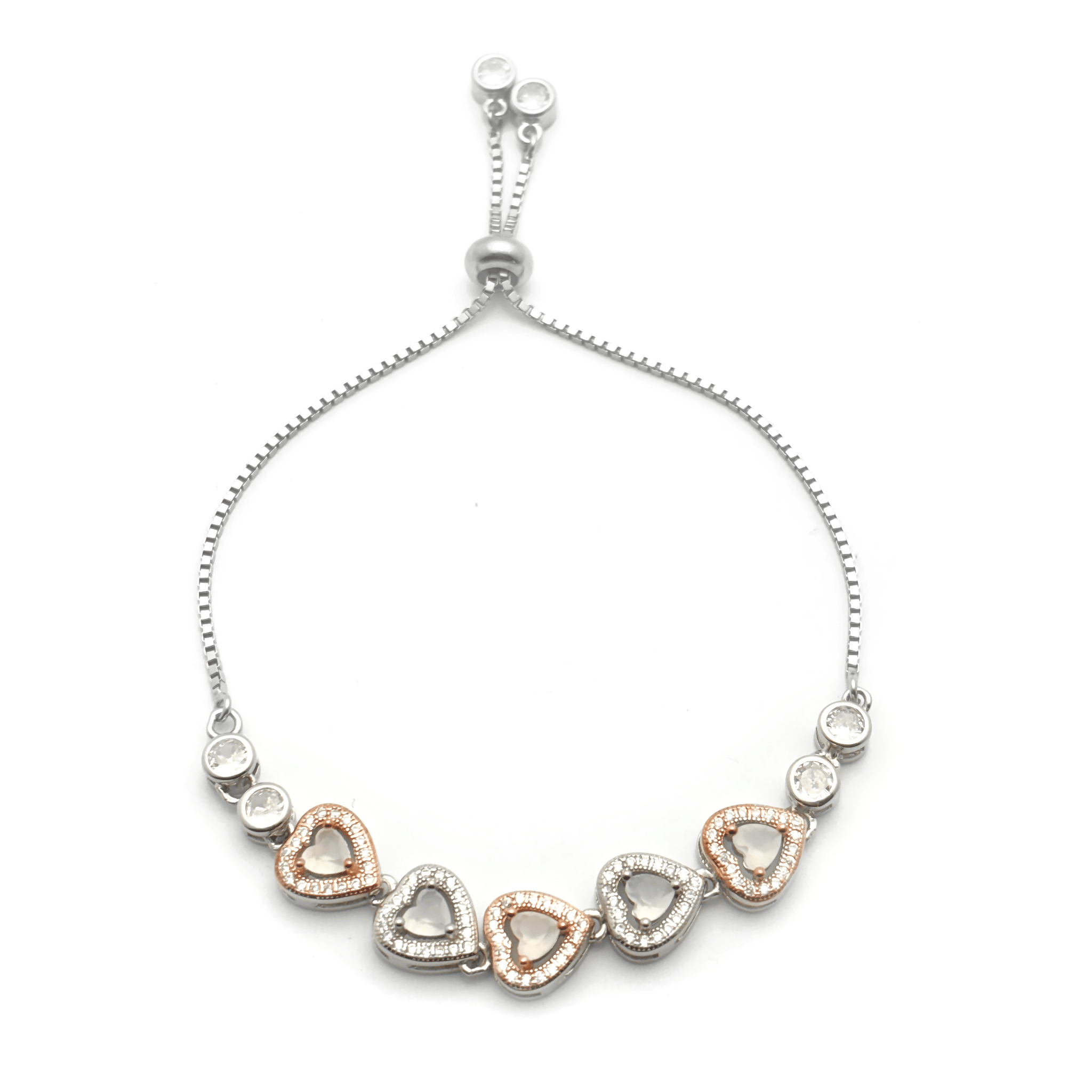 Heart Shape Charms & Studded Rhinestones Sterling Silver Chain Bracelet