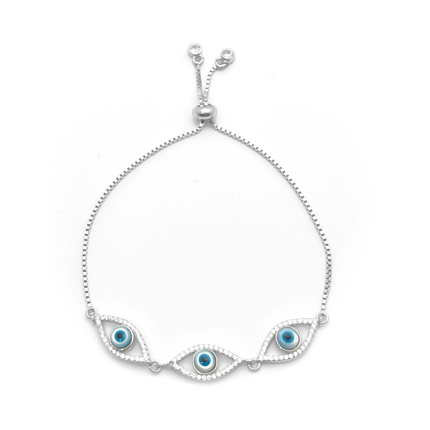 3 Blue Eyes & Studded Rhinestones Sterling Silver Chain Bracelet
