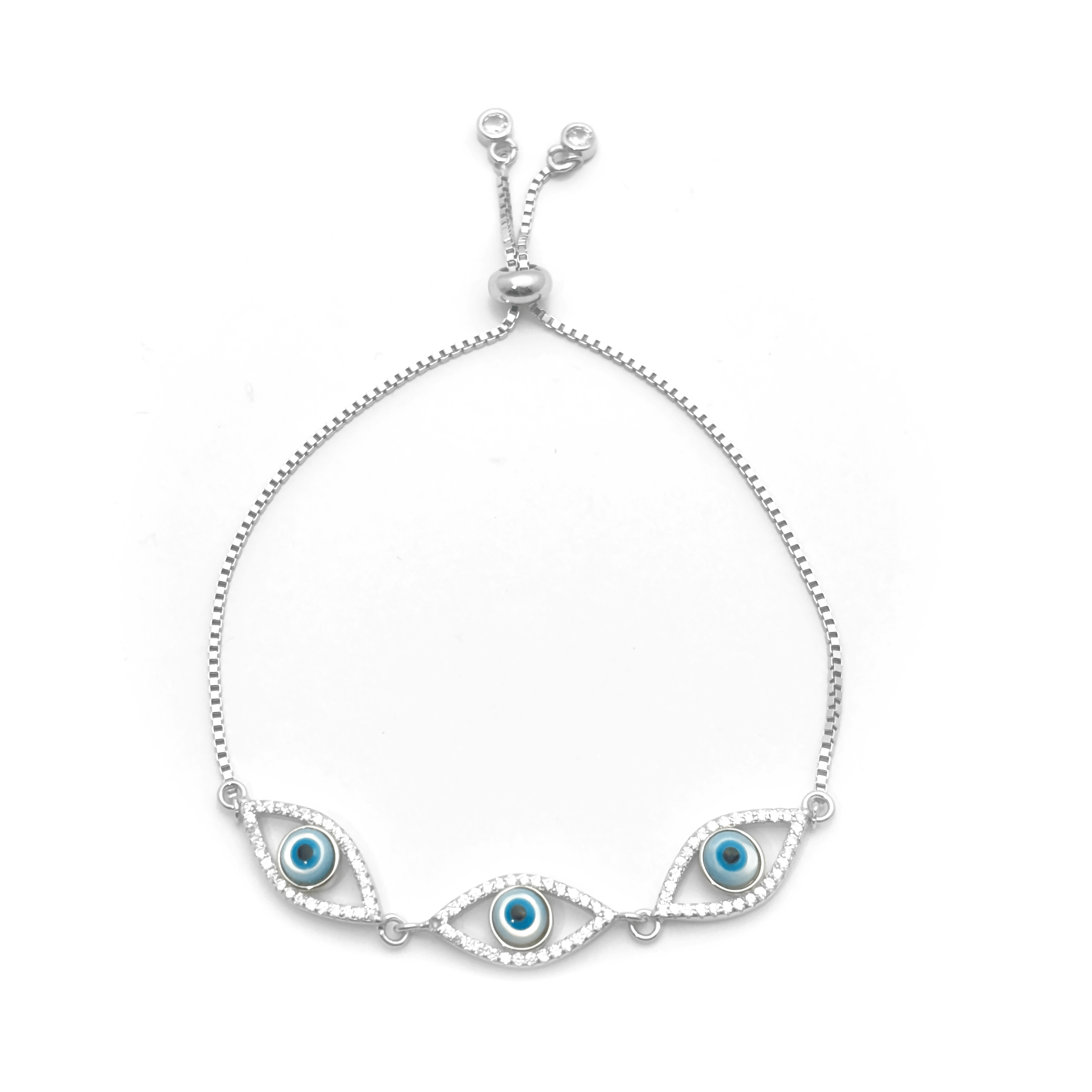 3 Blue Eyes & Studded Rhinestones Sterling Silver Chain Bracelet