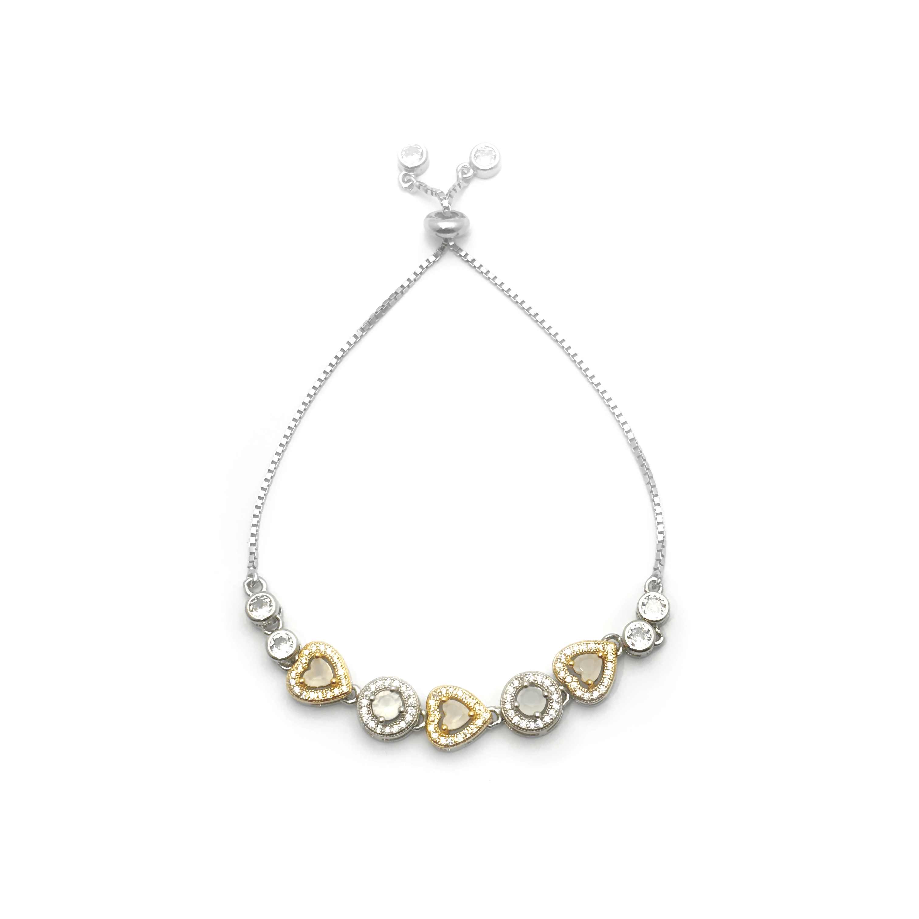 Heart and Circle Charms & Studded Rhinestones Sterling Silver Chain Bracelet