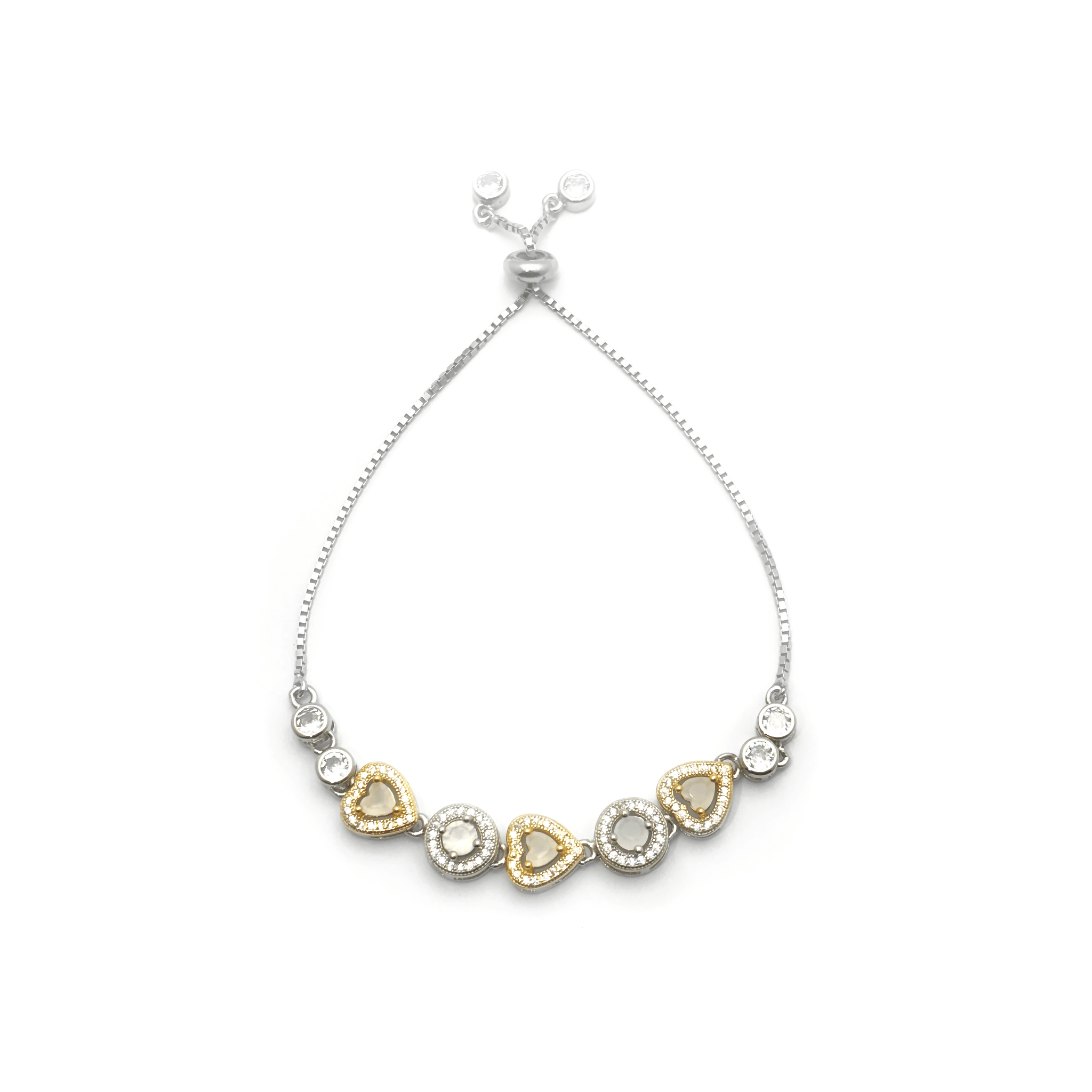 Heart and Circle Charms & Studded Rhinestones Sterling Silver Chain Bracelet