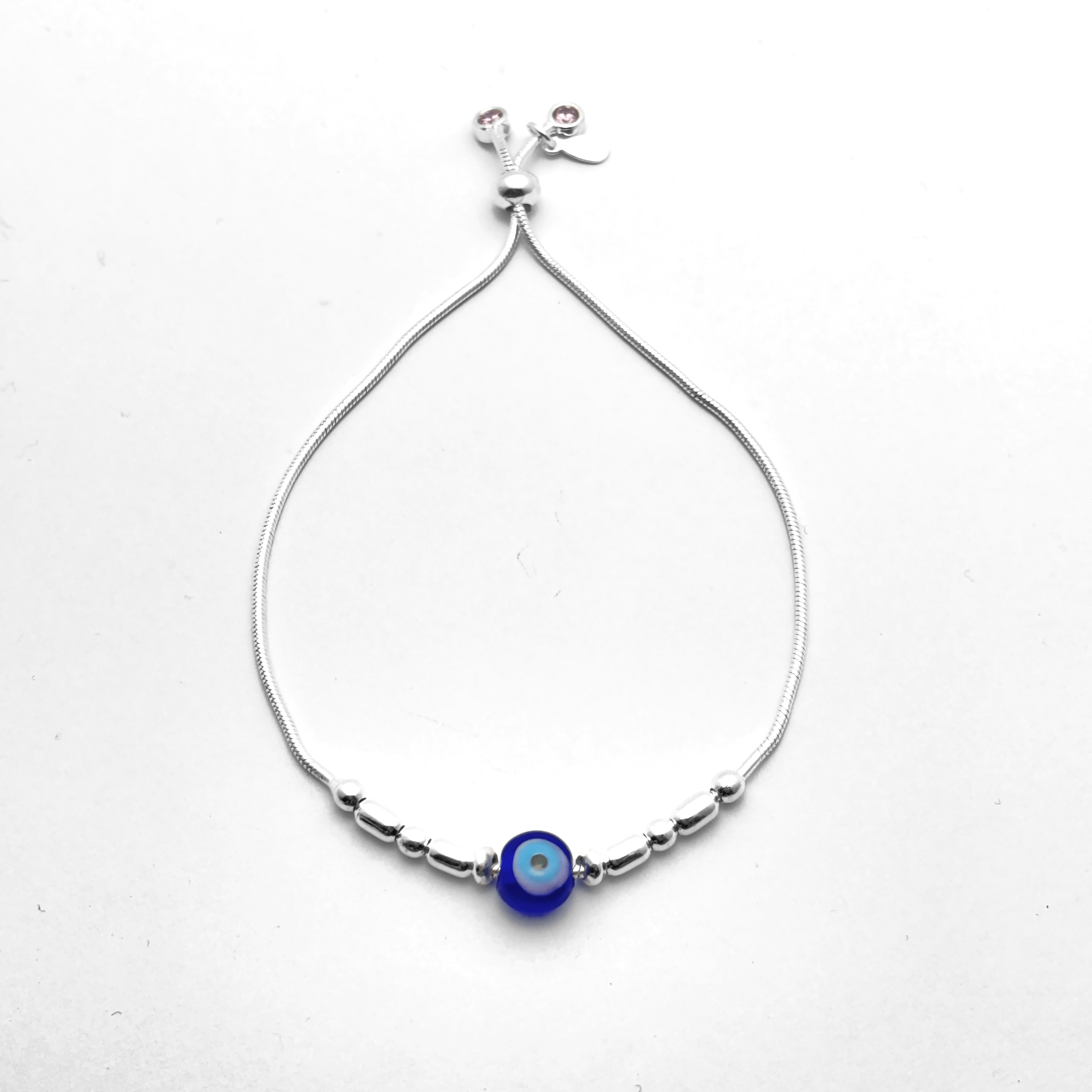 Sterling Silver Chain Bracelet with Evil Eye & Silver Beads