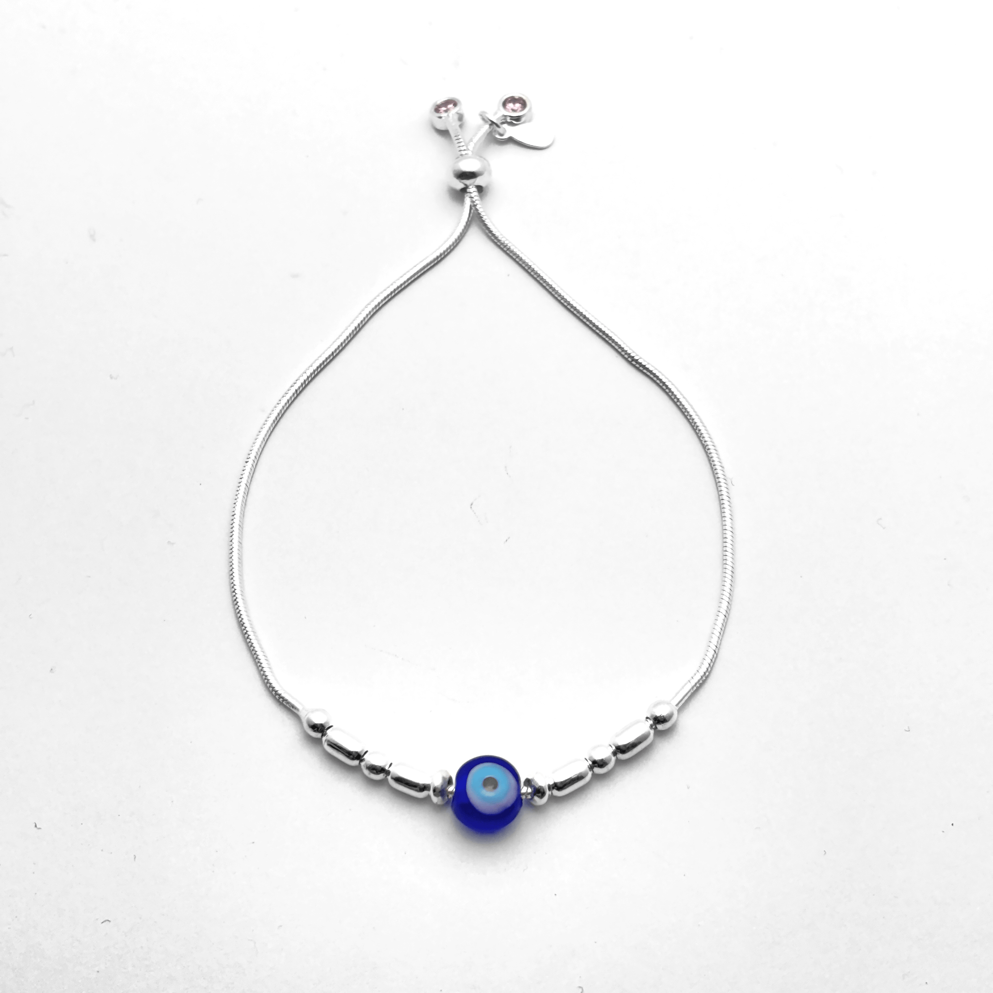 Sterling Silver Chain Bracelet with Evil Eye & Silver Beads