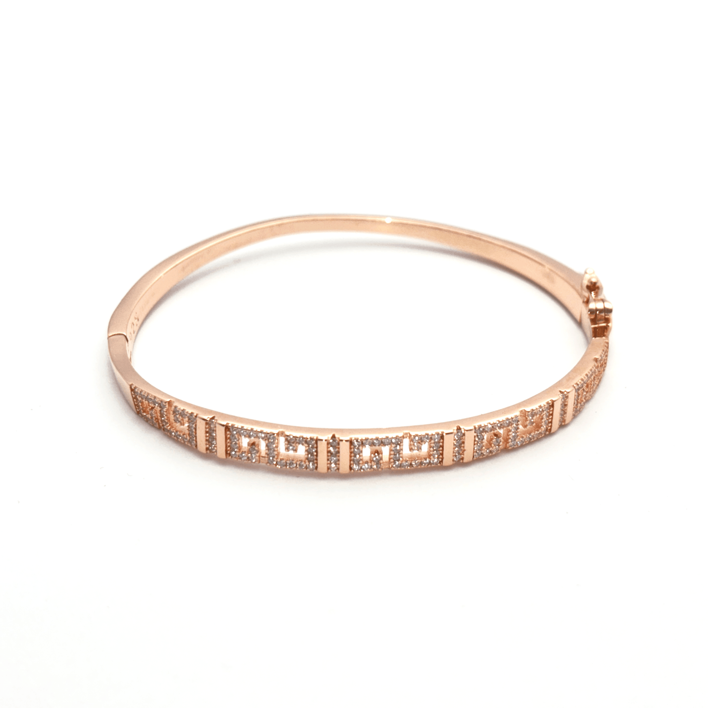 Designed Carving & Studded Rhinestones Rose Gold Plated Sterling Silver Bangle Bracelet