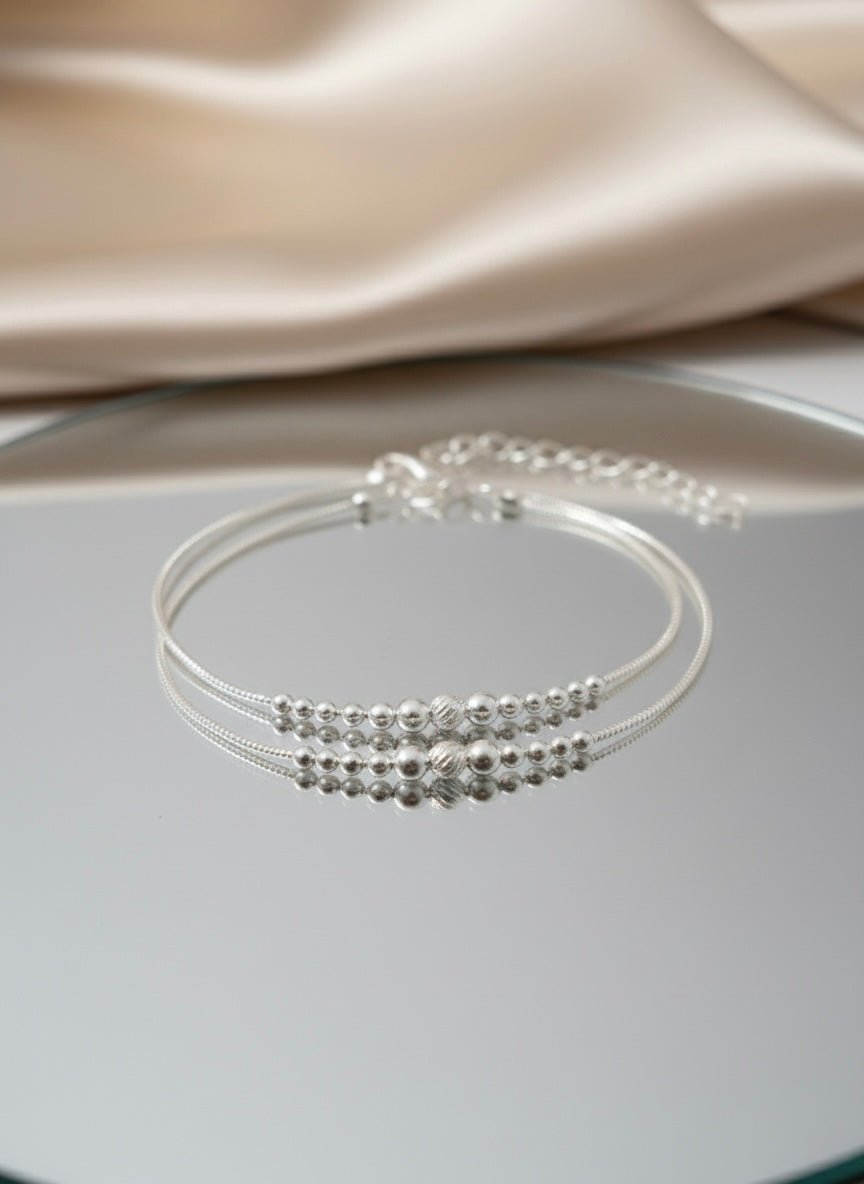 925 Sterling Silver Ball Chain Anklet Pair | Pure Silver Bead Ankle Bracelet