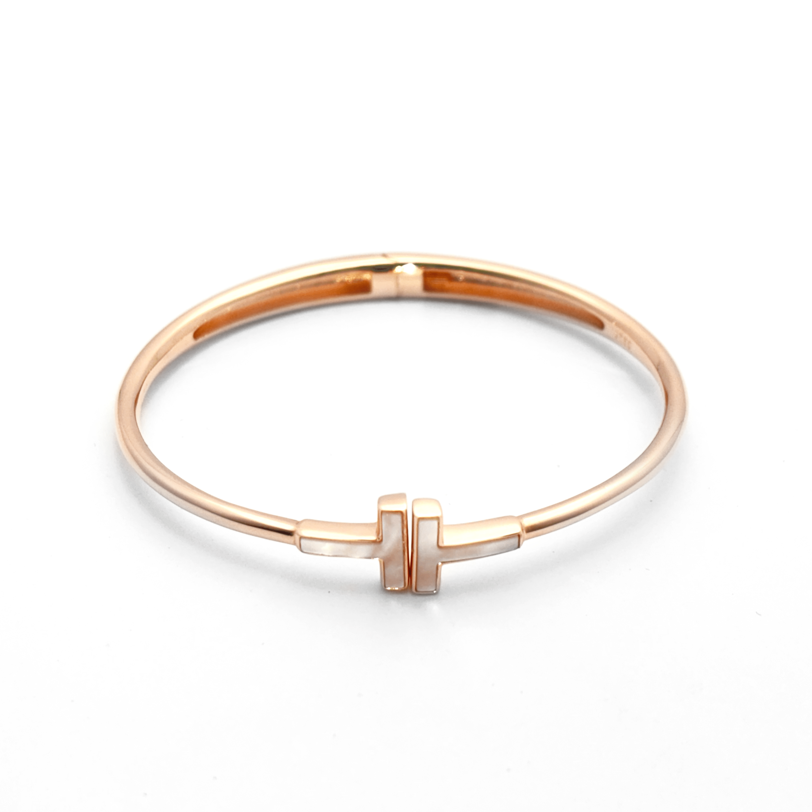 T End Design & Studded Rhinestones | Rose Gold Plated Sterling Silver Bangle Bracelet