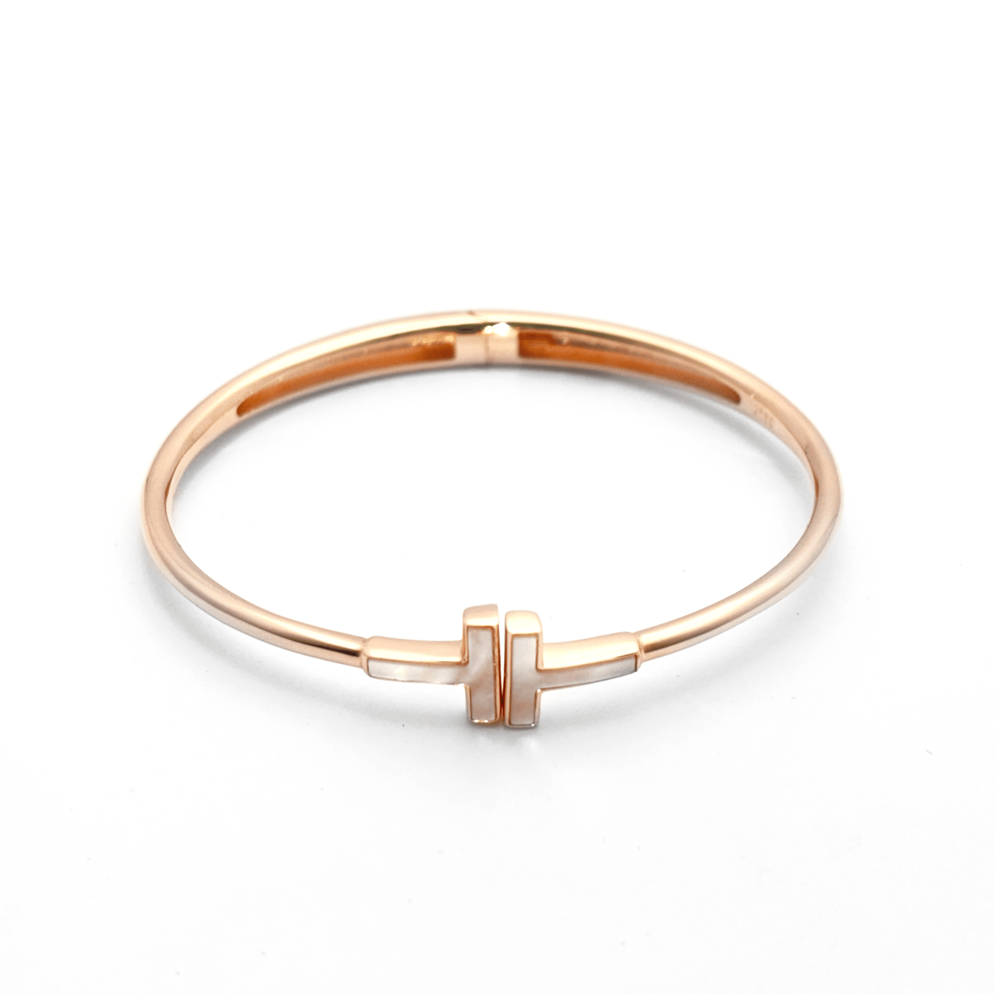 T End Design & Studded Rhinestones | Rose Gold Plated Sterling Silver Bangle Bracelet