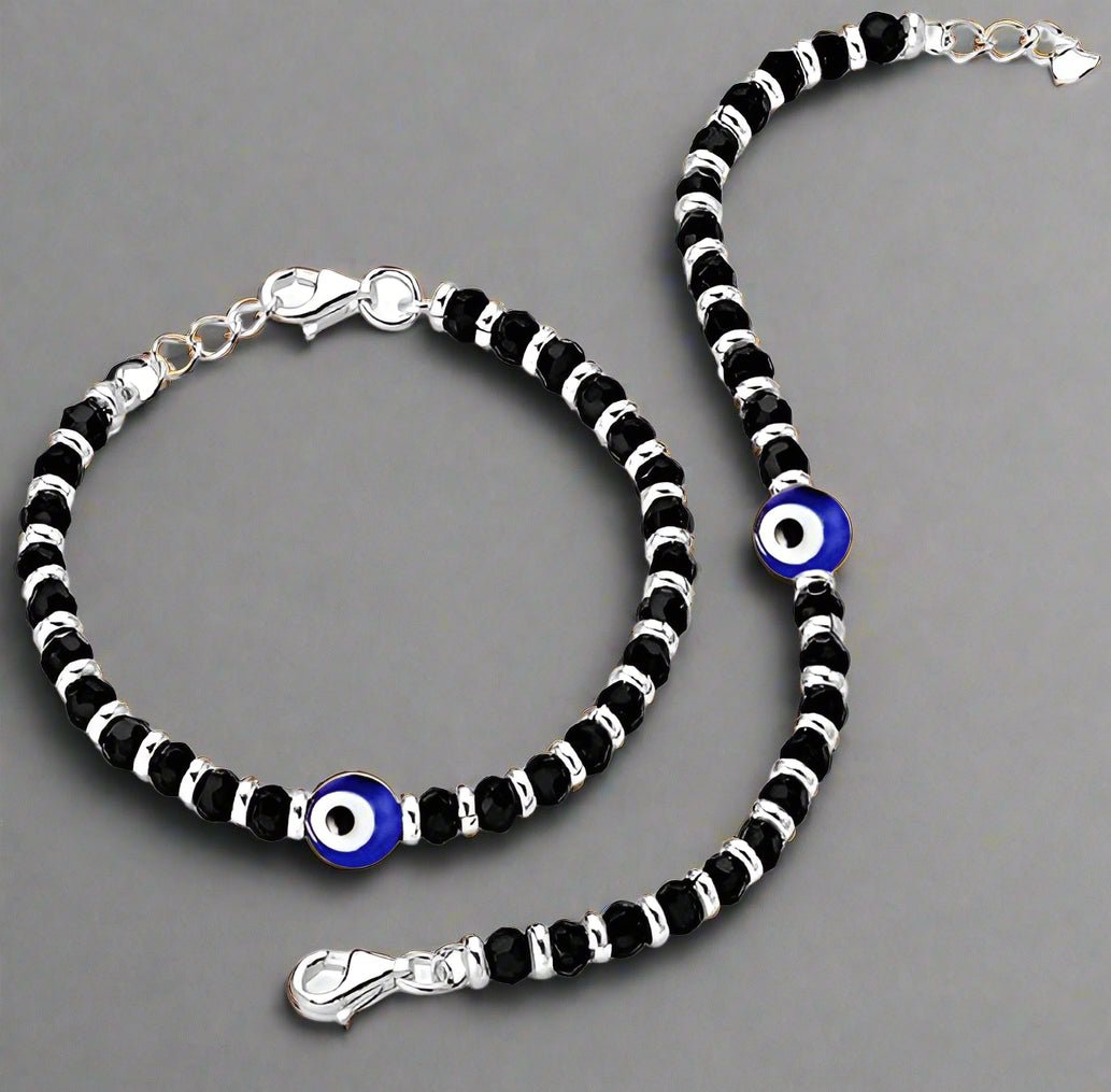 Evil Eye Sterling Silver Bracelet with Black, Silver Beads (1 Pair)