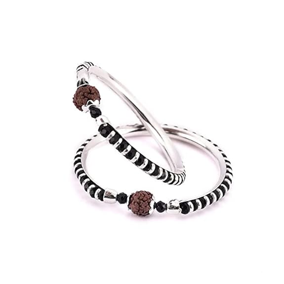 Rudraksh Sterling Silver Kada (Bangle Bracelet) with Black Silver Beads