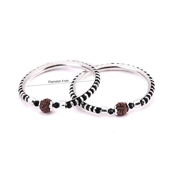 Rudraksh Sterling Silver Kada (Bangle Bracelet) with Black Silver Beads