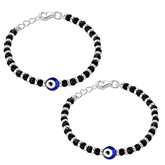 Evil Eye Sterling Silver Bracelet with Black, Silver Beads (1 Pair)