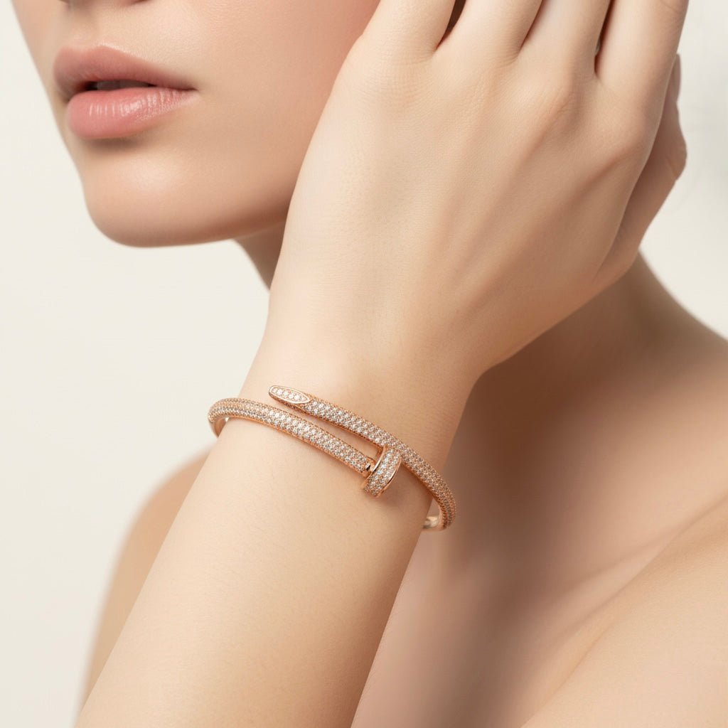 Circle End & Studded Rhinestones Rose Gold Plated Sterling Silver Bangle Bracelet