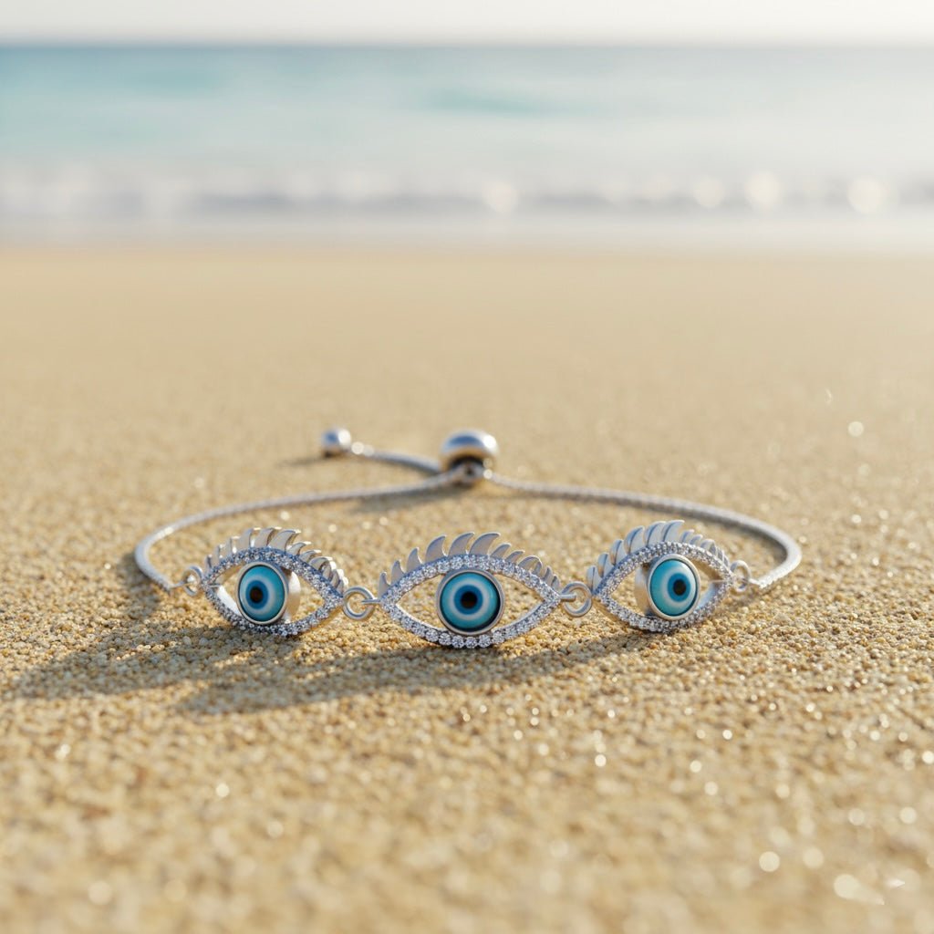 3 Blue Eye Charm & Studded Rhinestones Sterling Silver Chain Bracelet