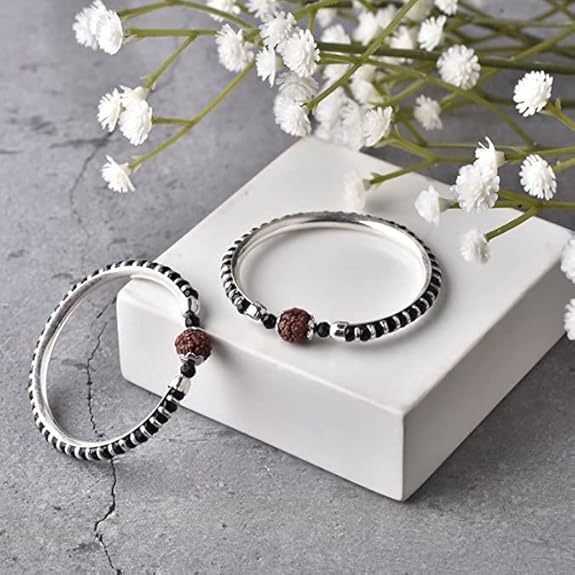 Rudraksh Sterling Silver Kada (Bangle Bracelet) with Black Silver Beads