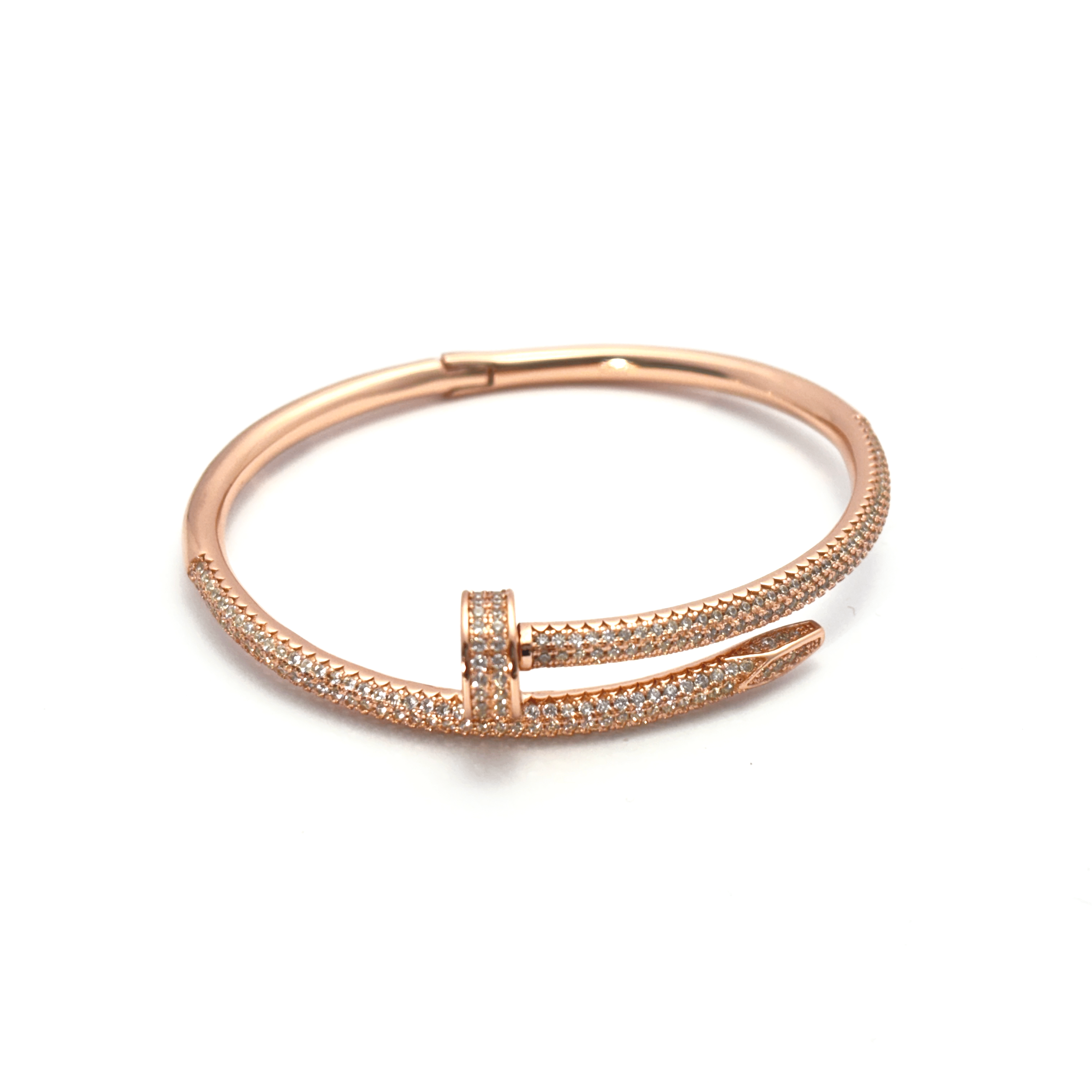 Circle End & Studded Rhinestones Rose Gold Plated Sterling Silver Bangle Bracelet