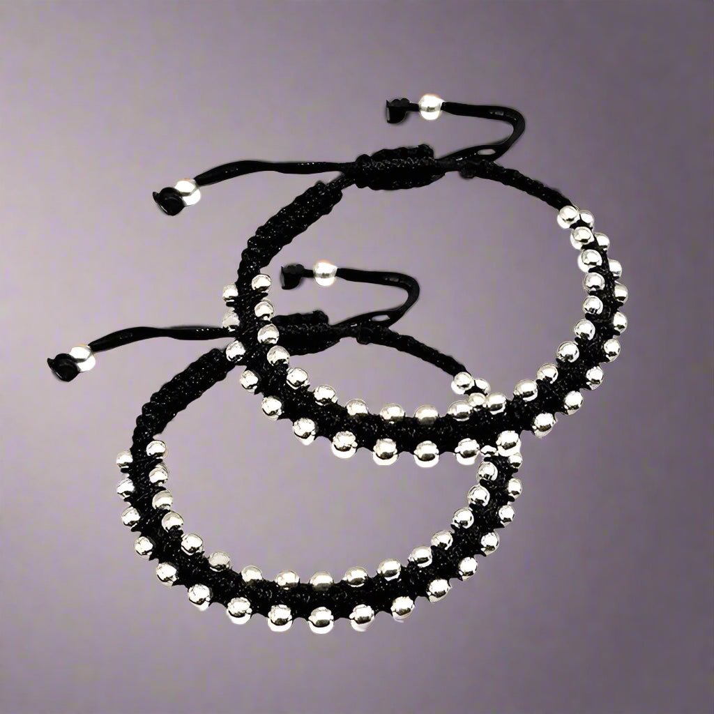 42 Ball Beads Sterling Bracelets with Black Thread (1 Pair)