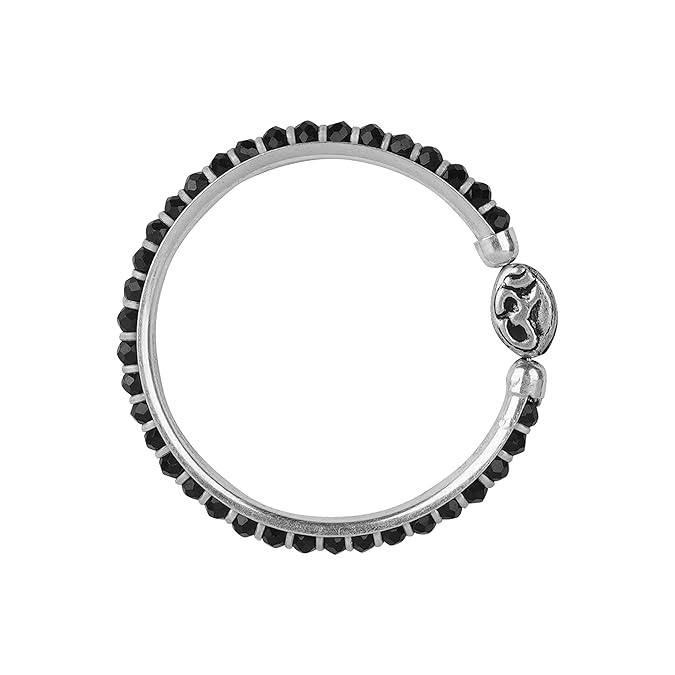 Om Charm Sterling Silver Kada (Bangle Bracelet) with & Black Silver Beads