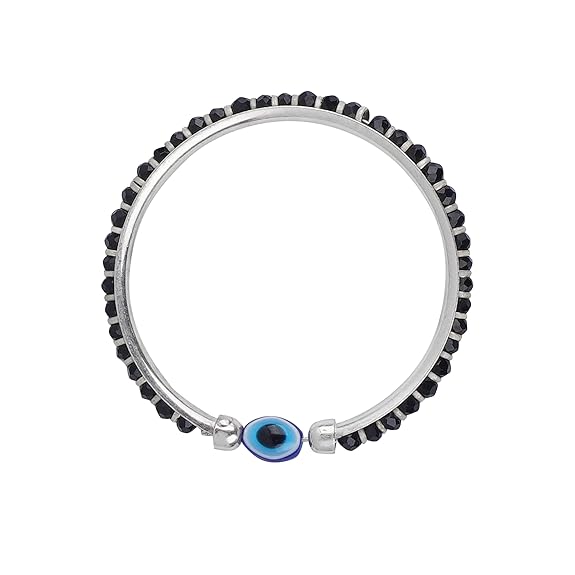 Evil Eye & Black Silver Beads Sterling Silver Kada (Bangle Bracelet)