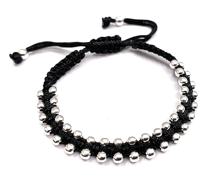 42 Ball Beads Sterling Bracelets with Black Thread (1 Pair)