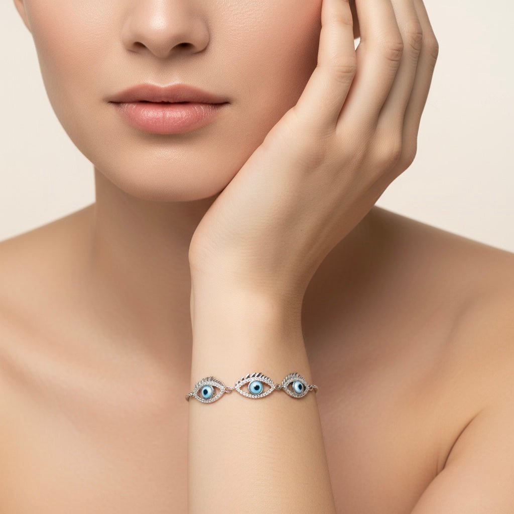 3 Blue Eye Charm & Studded Rhinestones Sterling Silver Chain Bracelet