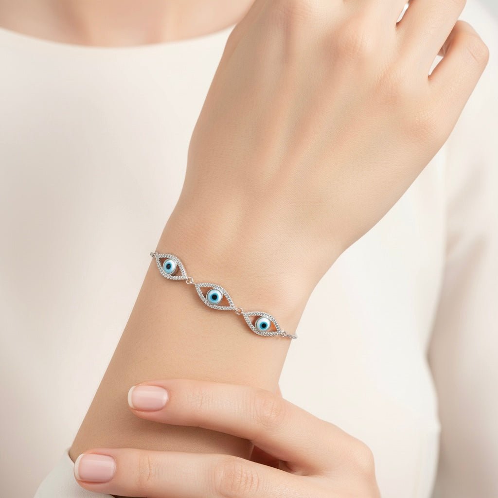 3 Blue Eyes & Studded Rhinestones Sterling Silver Chain Bracelet