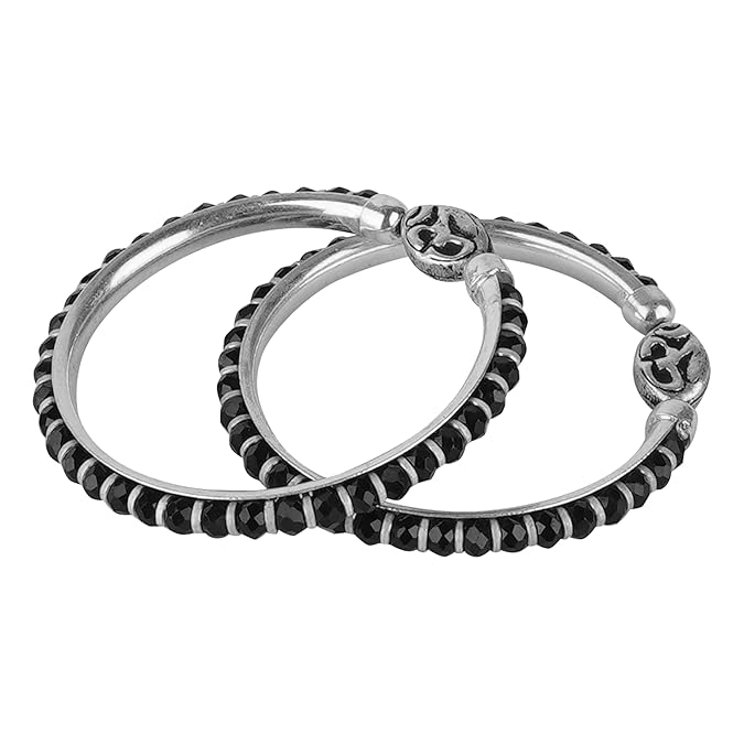 Om Charm Sterling Silver Kada (Bangle Bracelet) with & Black Silver Beads