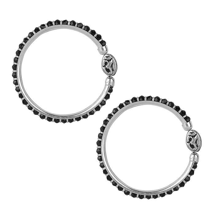 Om Charm Sterling Silver Kada (Bangle Bracelet) with & Black Silver Beads