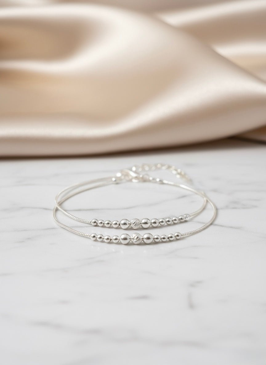 925 Sterling Silver Ball Chain Anklet Pair | Pure Silver Bead Ankle Bracelet