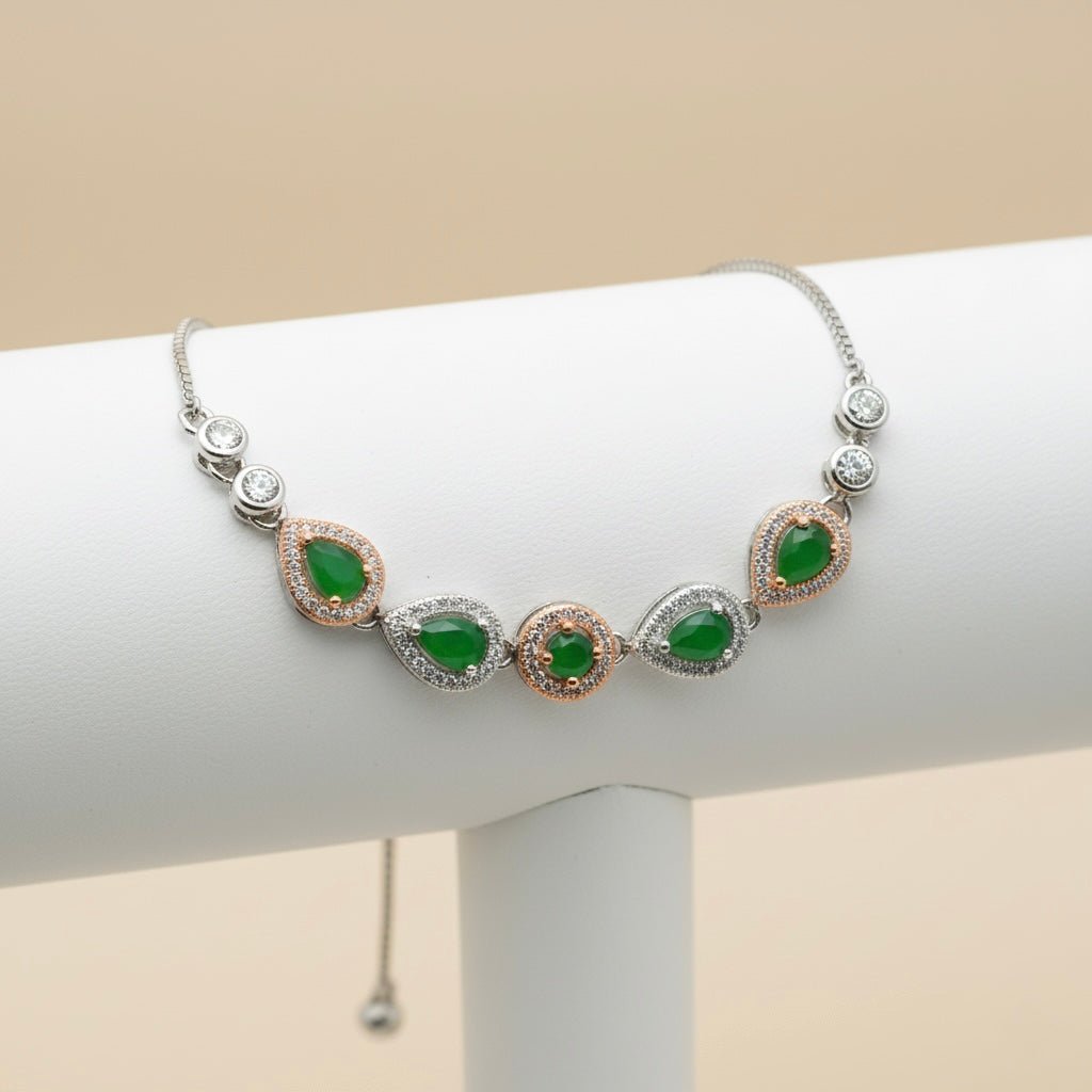 Sterling Silver Chain Bracelet with Green Stones & Studded Rhinestones