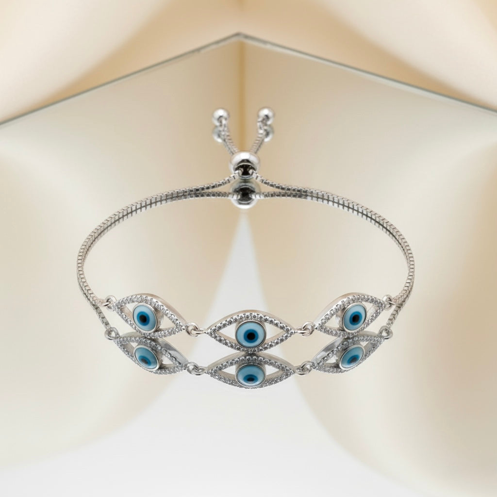 3 Blue Eyes & Studded Rhinestones Sterling Silver Chain Bracelet