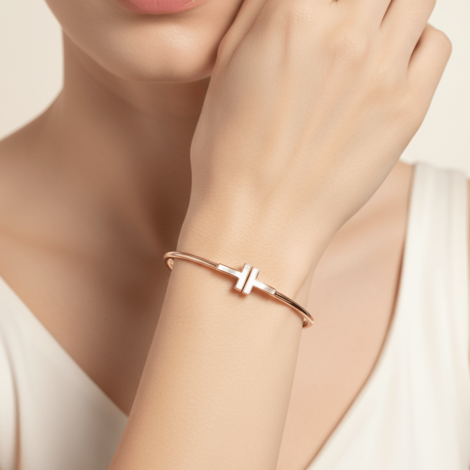 T End Design & Studded Rhinestones | Rose Gold Plated Sterling Silver Bangle Bracelet