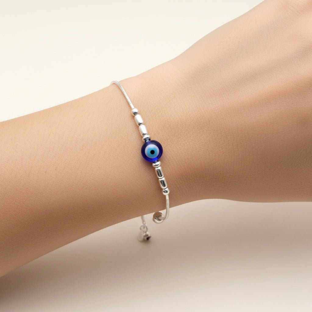 Sterling Silver Chain Bracelet with Evil Eye & Silver Beads