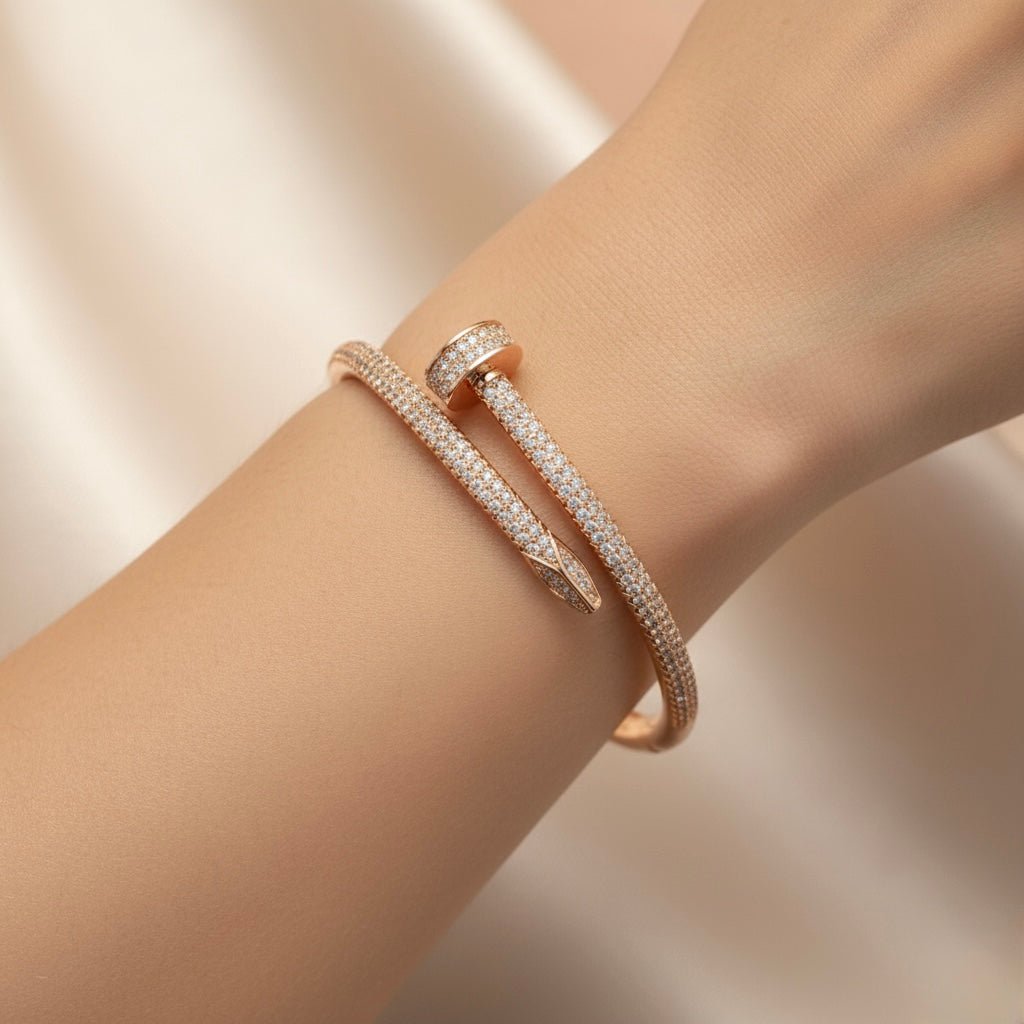 Circle End & Studded Rhinestones Rose Gold Plated Sterling Silver Bangle Bracelet