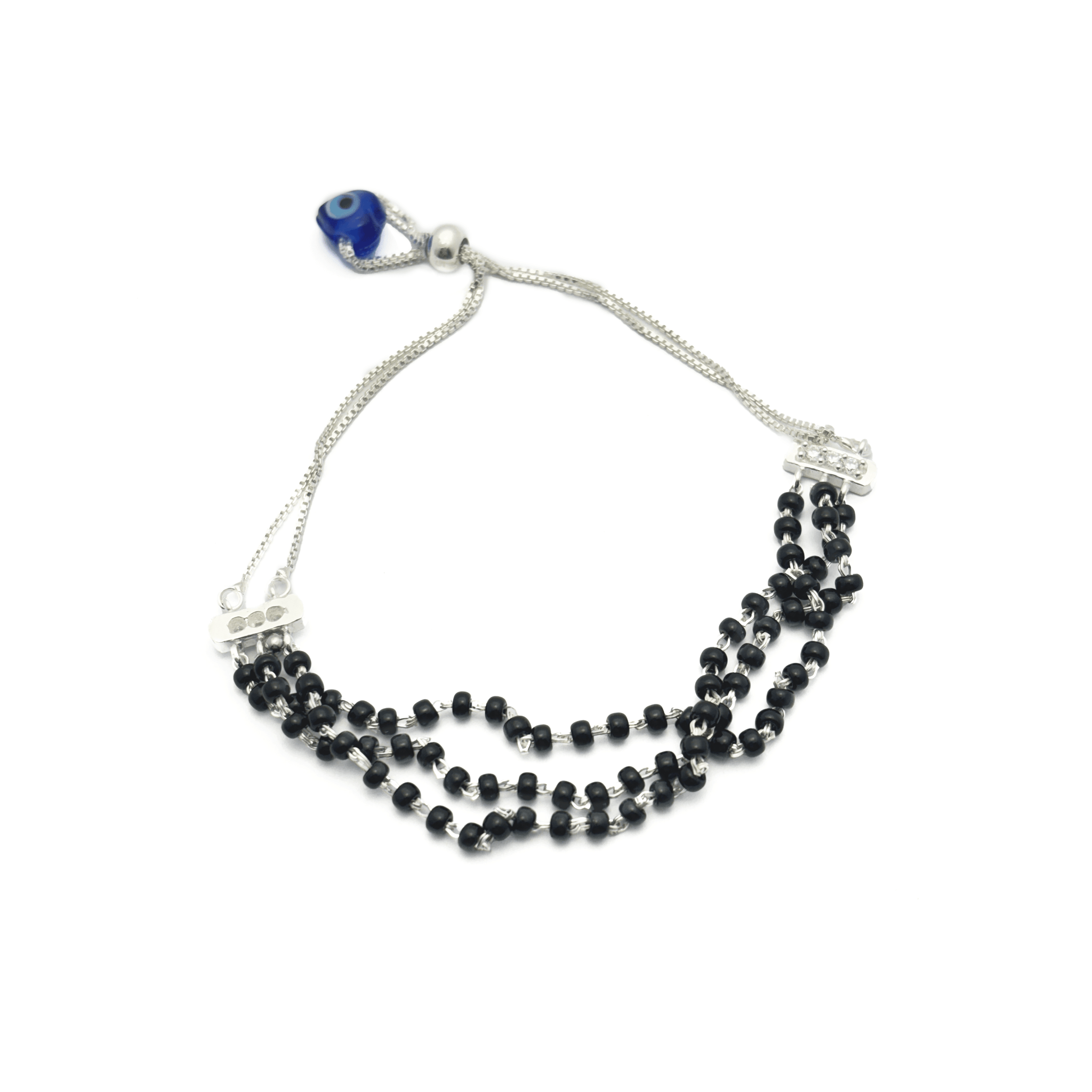 Black Beads & Evil Eye Sterling Silver Chain Bracelet