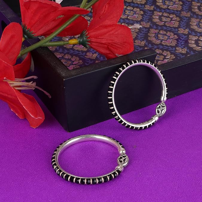 Om Charm Sterling Silver Kada (Bangle Bracelet) with & Black Silver Beads