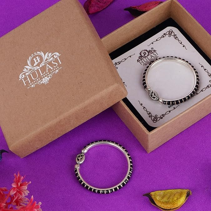 Om Charm Sterling Silver Kada (Bangle Bracelet) with & Black Silver Beads