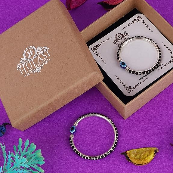 Evil Eye & Black Silver Beads Sterling Silver Kada (Bangle Bracelet)