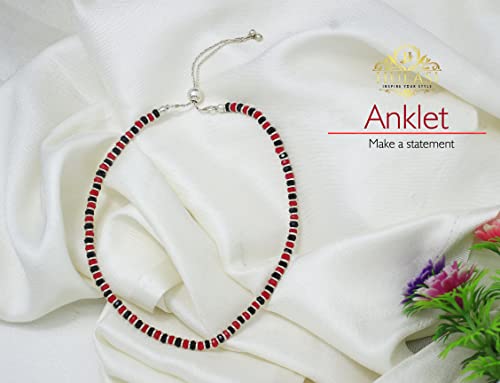 925 Sterling Silver Nazariya Anklet featuring a combination of black, silver, and red beads, designed for girls and women. This adjustable anklet is not only stylish but also comfortable for everyday wear. Ideal for adding a touch of elegance and charm, this anklet is perfect for pooja rituals or as a thoughtful gift. Made with high-quality 925 sterling silver, ensuring durability and long-lasting shine.