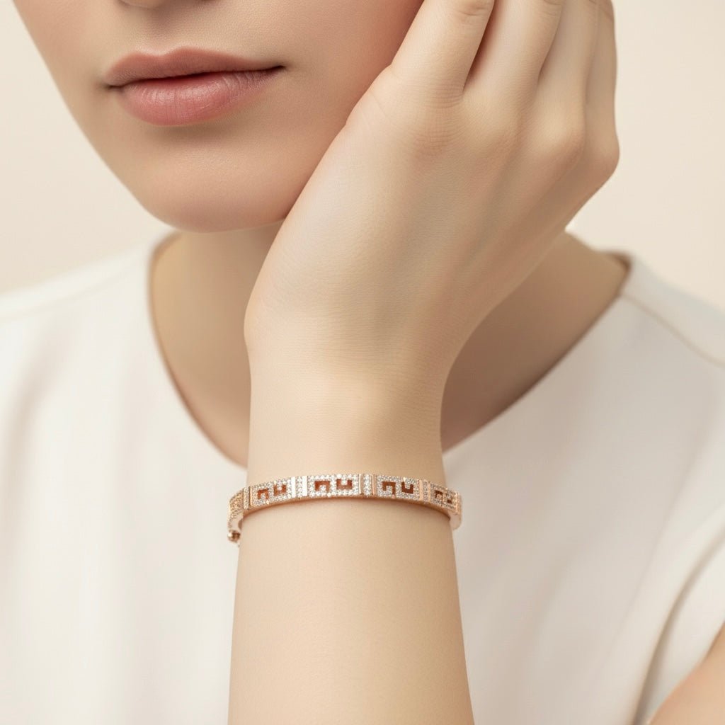 Designed Carving & Studded Rhinestones Rose Gold Plated Sterling Silver Bangle Bracelet