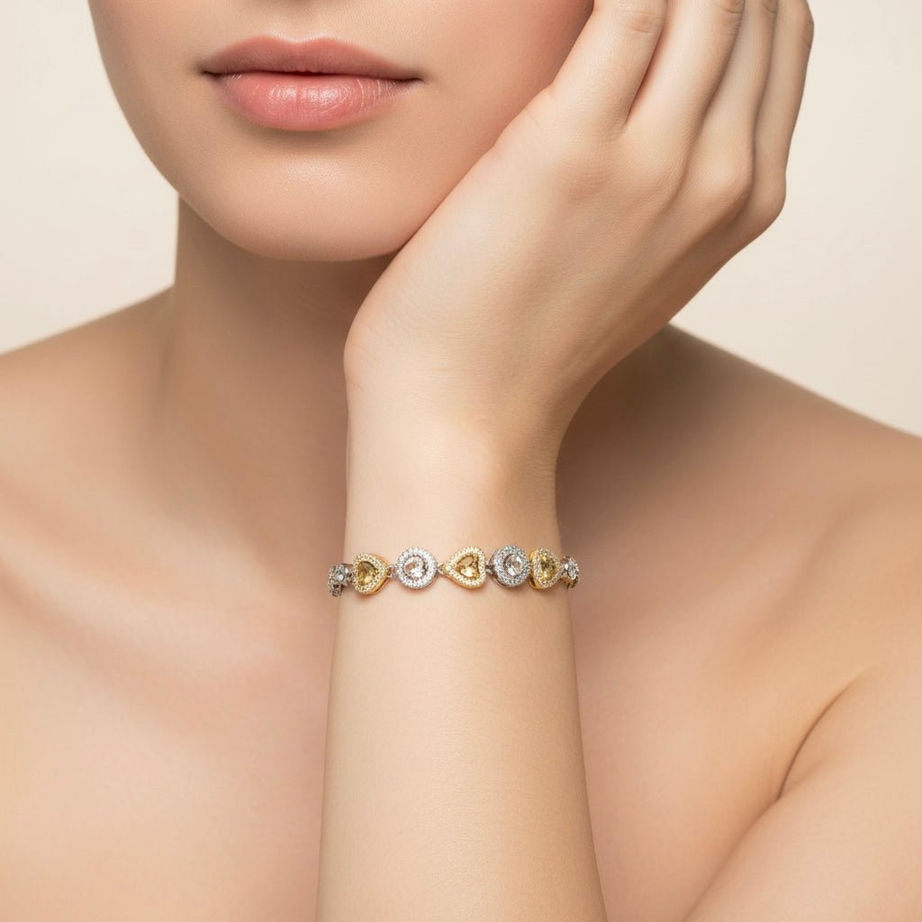 Heart and Circle Charms & Studded Rhinestones Sterling Silver Chain Bracelet