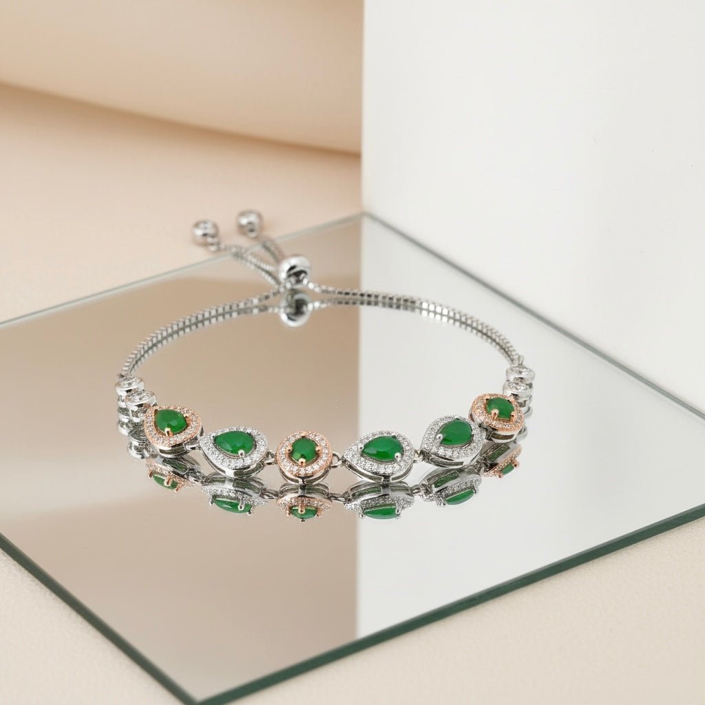 Sterling Silver Chain Bracelet with Green Stones & Studded Rhinestones