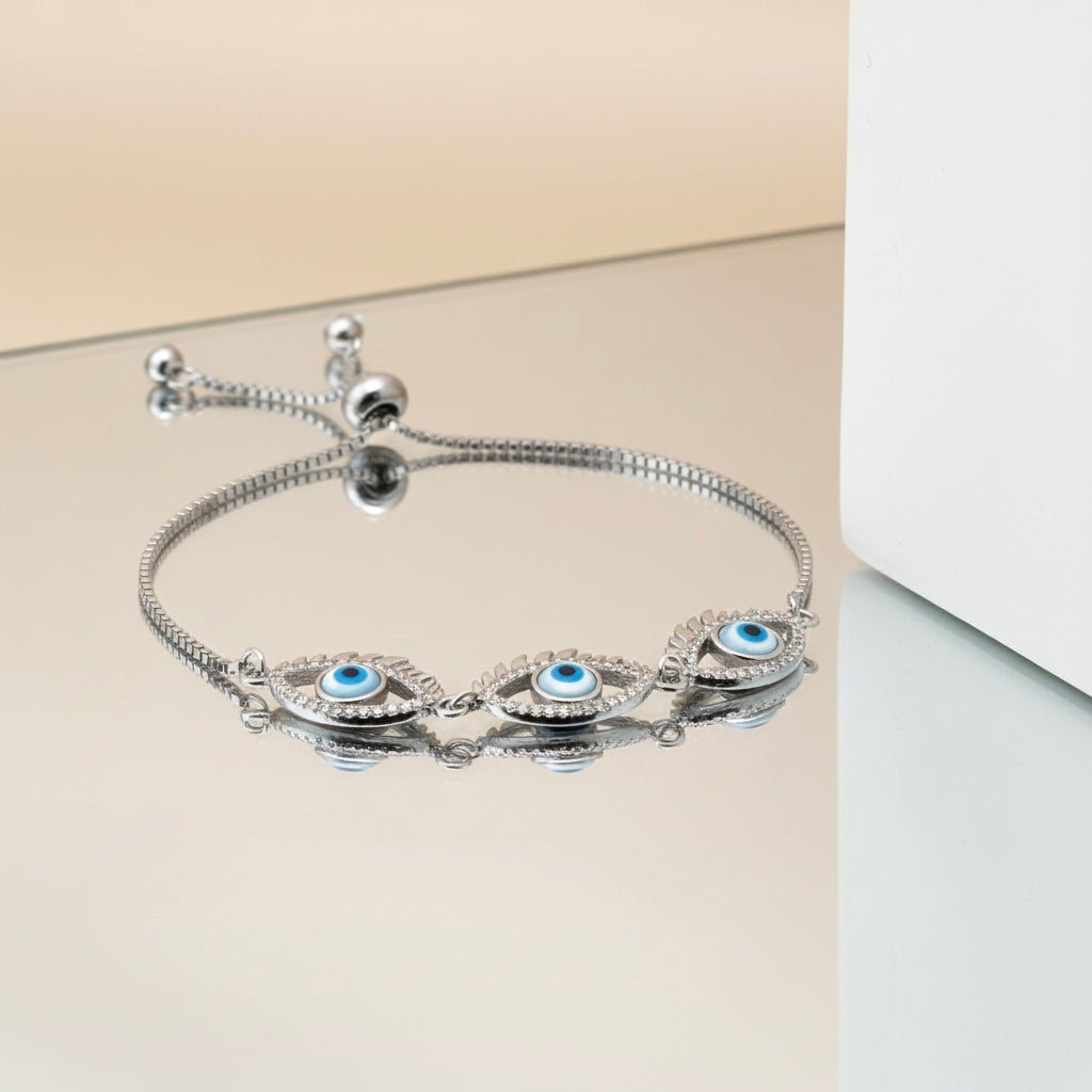 3 Blue Eye Charm & Studded Rhinestones Sterling Silver Chain Bracelet