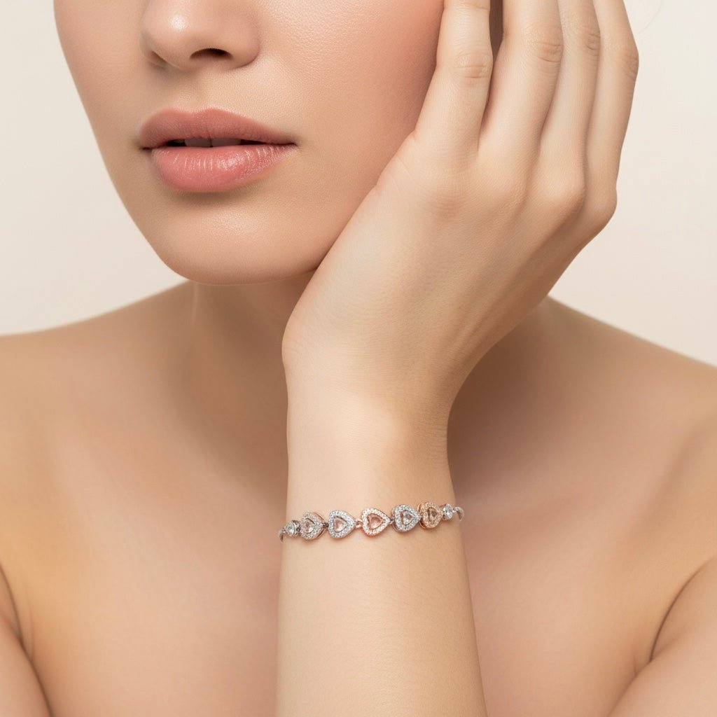 Heart Shape Charms & Studded Rhinestones Sterling Silver Chain Bracelet
